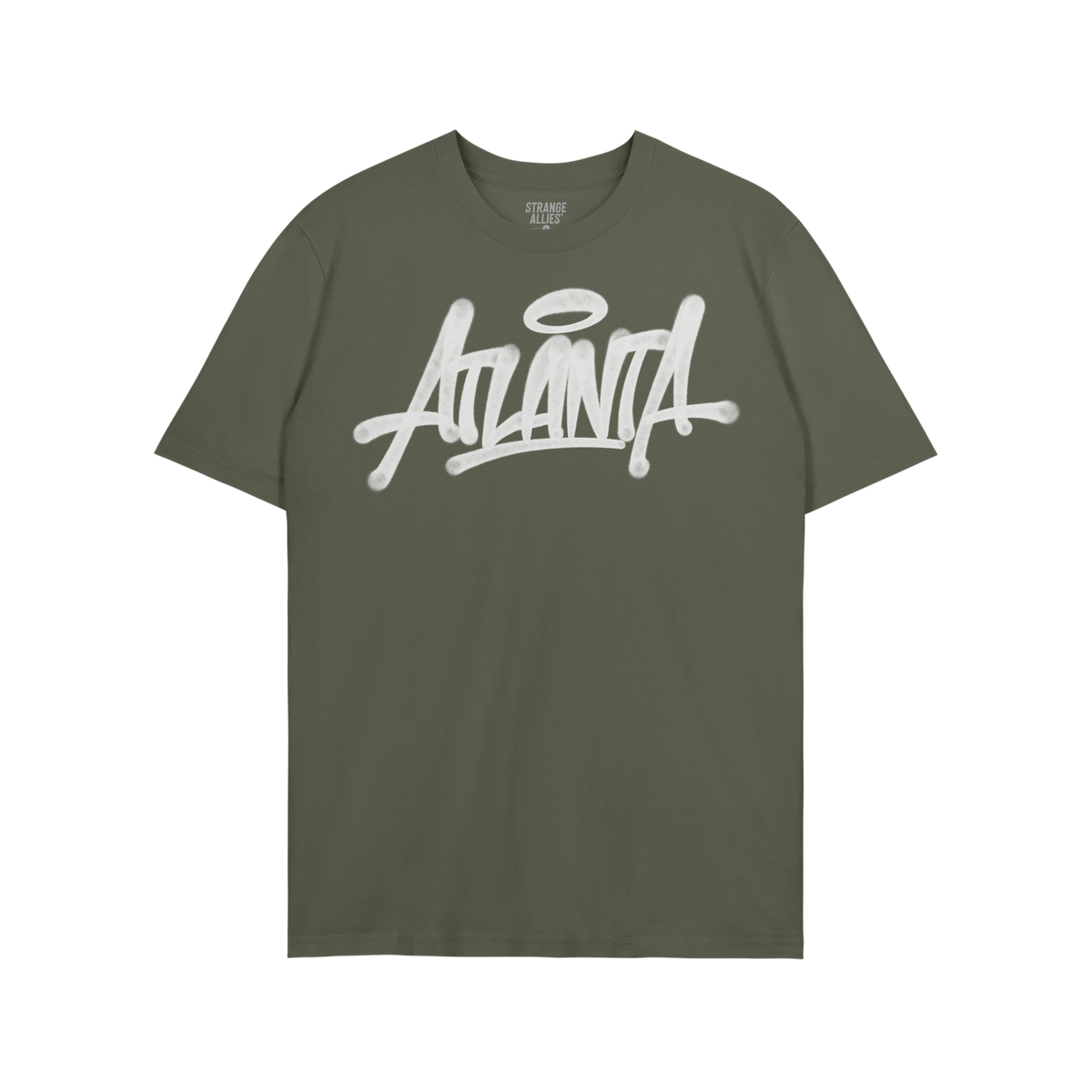 Olive-green Atlanta Handstyle T-shirt with graffiti-style script and halo motif, embodying street art culture. Ideal for thos