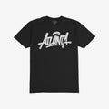 Atlanta Handstyle T-shirt featuring a graffiti-style Atlanta logo with a halo accent, reflecting street art culture. The brand Strange Allies is visible inside the neckline.