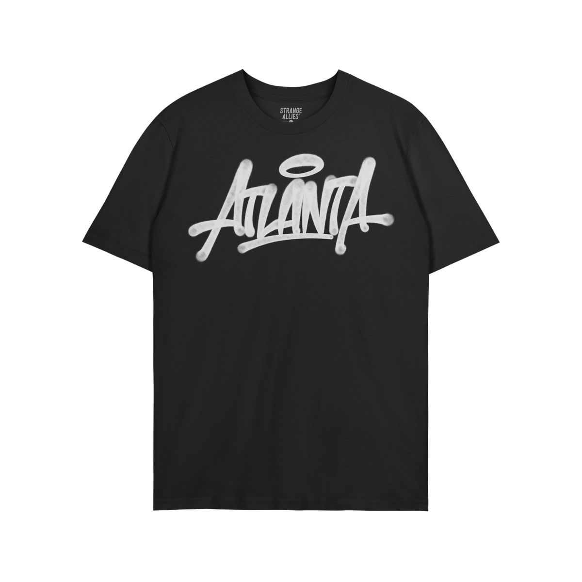 Atlanta Handstyle T-shirt featuring a graffiti-style Atlanta logo with a halo accent, reflecting street art culture. The bran