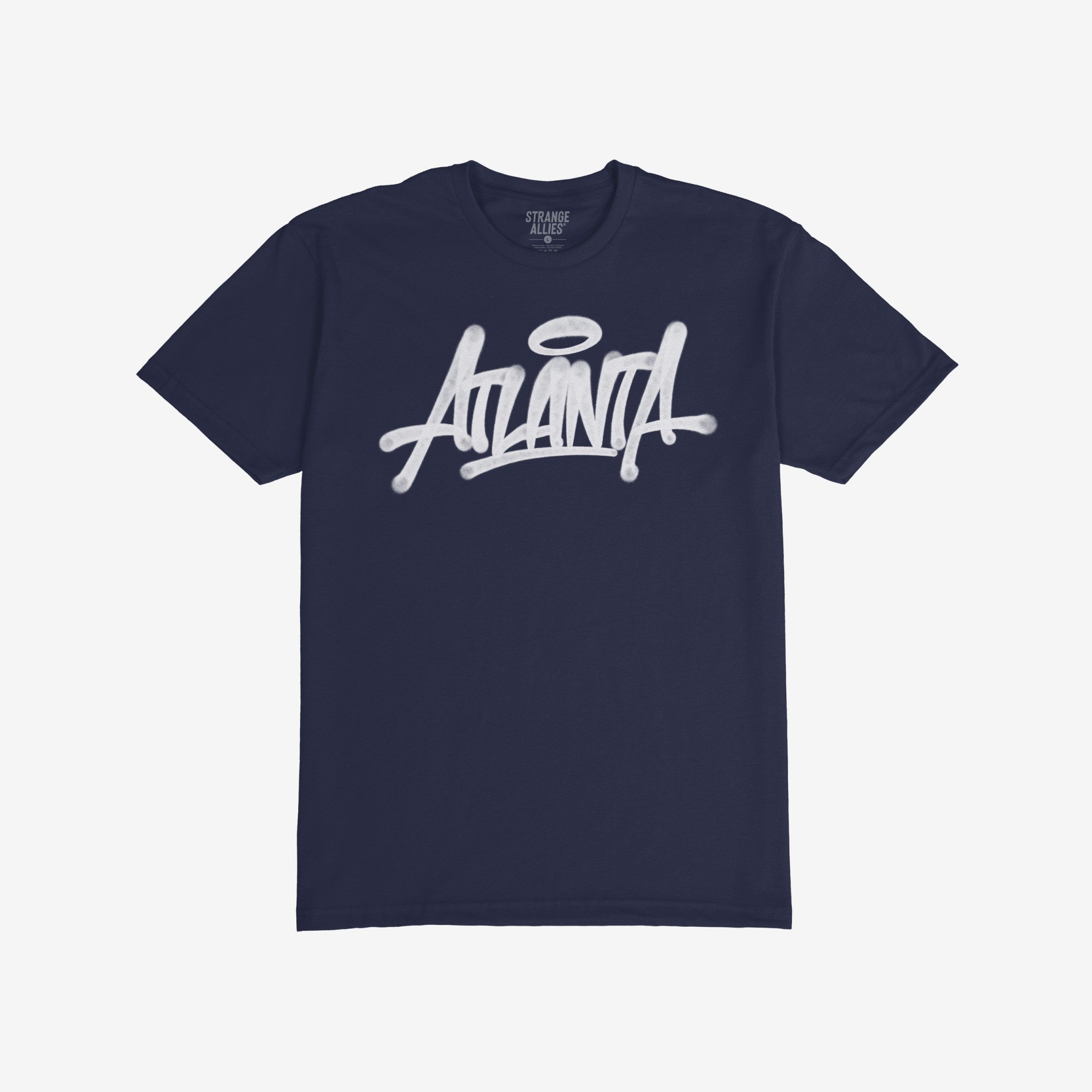 Navy-blue Atlanta Handstyle T-shirt featuring white graffiti script with halo, embodying street art and city pride, ideal for expressing Atlanta culture and individuality through urban-inspired fashion.
