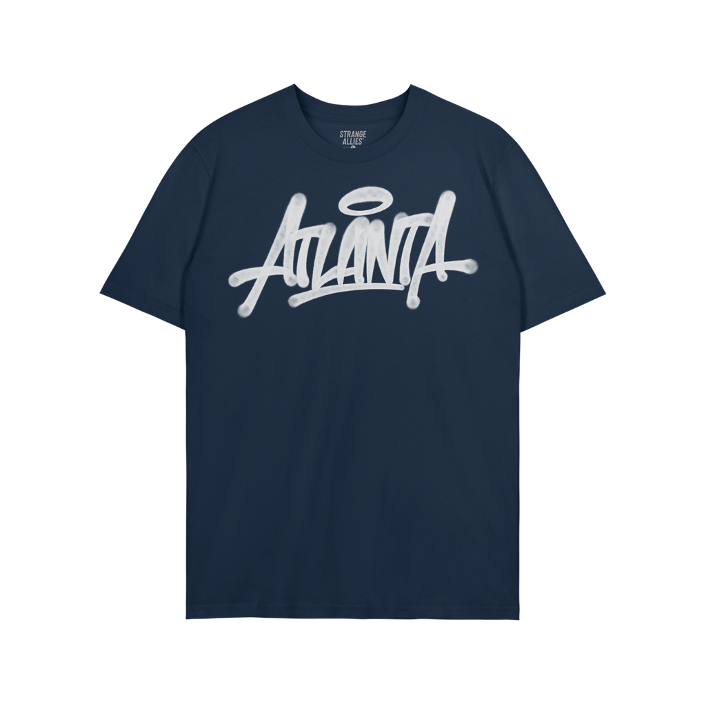 Navy-blue Atlanta Handstyle T-shirt featuring white graffiti script with halo, embodying street art and city pride, ideal for