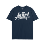 Navy-blue Atlanta Handstyle T-shirt featuring white graffiti script with halo, embodying street art and city pride, ideal for