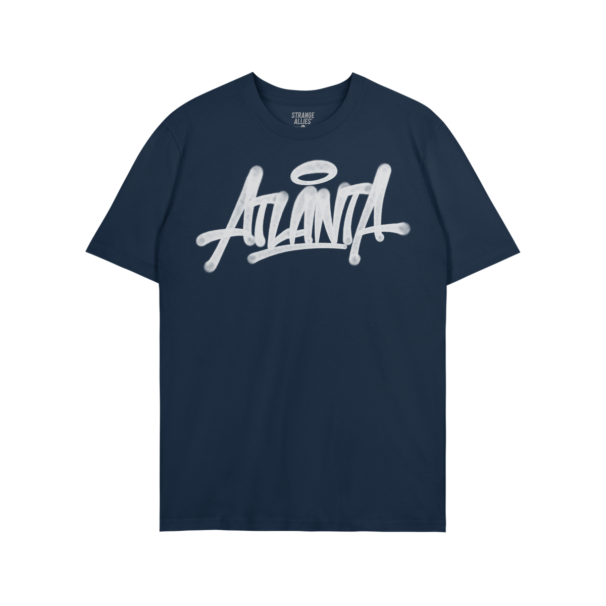 Navy-blue Atlanta Handstyle T-shirt featuring white graffiti script with halo, embodying street art and city pride, ideal for