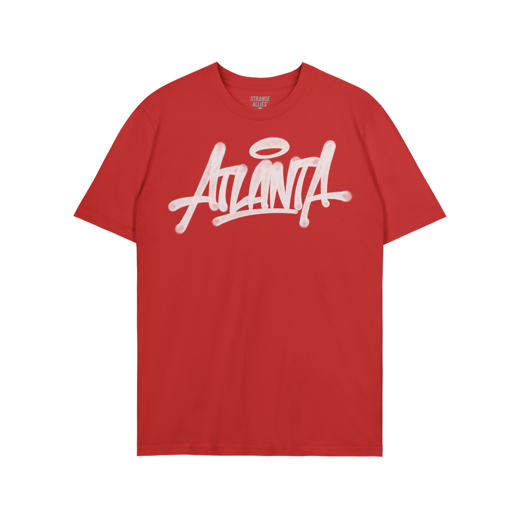Red crew-neck Atlanta Handstyle T-shirt with graffiti-style script and halo graphic. Inner label reads STRANGE ALLIES. Celebr