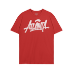 Red crew-neck Atlanta Handstyle T-shirt with graffiti-style script and halo graphic. Inner label reads STRANGE ALLIES. Celebr