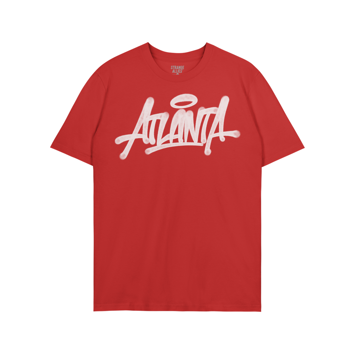 Red crew-neck Atlanta Handstyle T-shirt with graffiti-style script and halo graphic. Inner label reads STRANGE ALLIES. Celebr