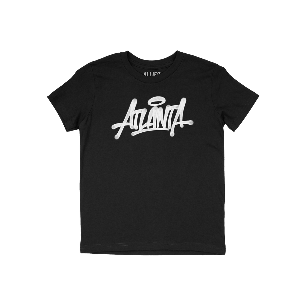 Black short-sleeved Atlanta Handstyle T-shirt with bold white graffiti-style Atlanta script and halo graphic, embodying city