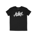 Black short-sleeved Atlanta Handstyle T-shirt with bold white graffiti-style Atlanta script and halo graphic, embodying city