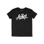 Black short-sleeved Atlanta Handstyle T-shirt with bold white graffiti-style Atlanta script and halo graphic, embodying city