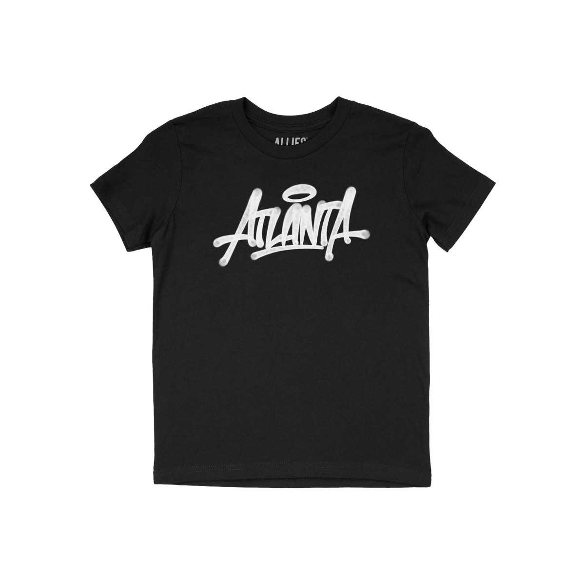 Black short-sleeved Atlanta Handstyle T-shirt with bold white graffiti-style Atlanta script and halo graphic, embodying city