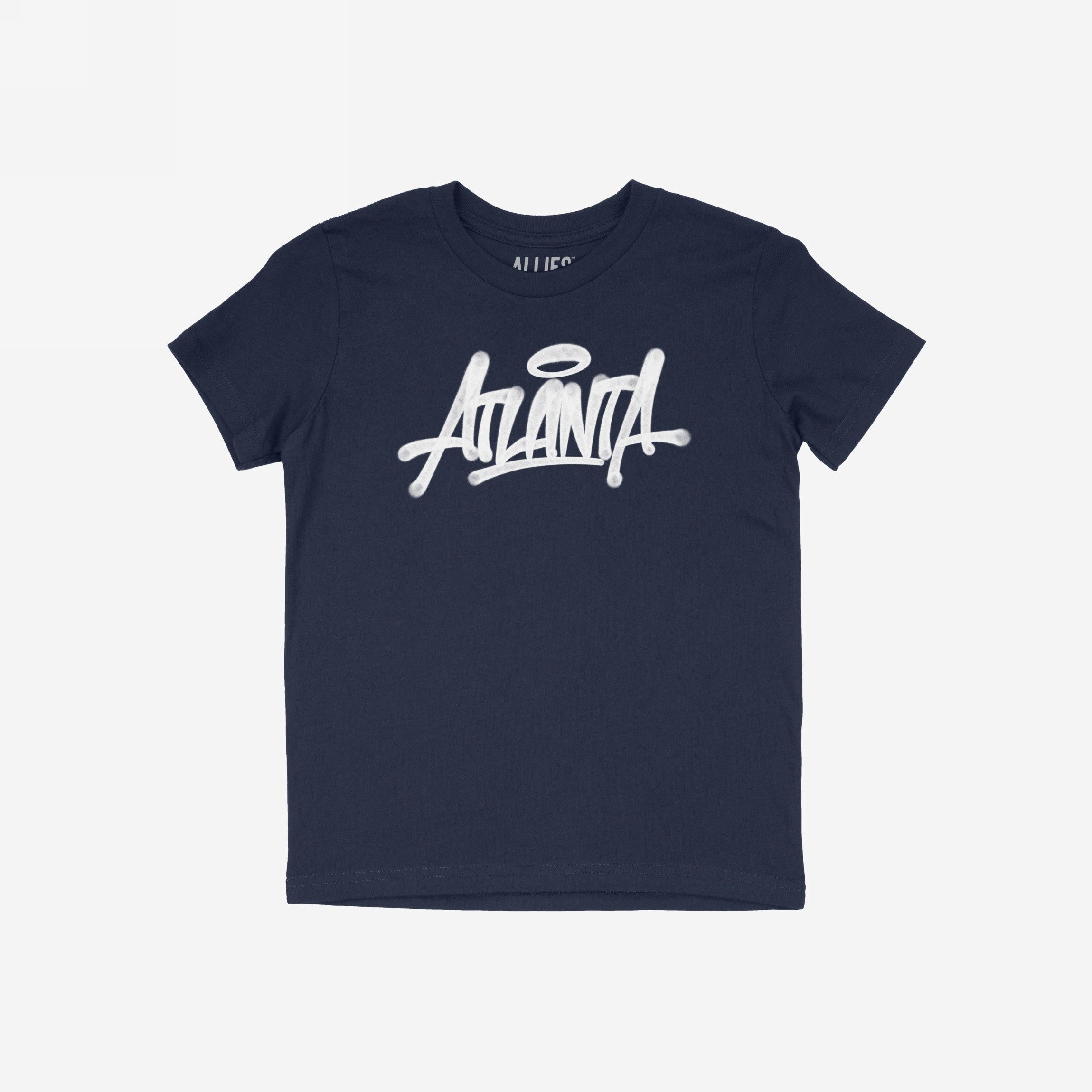 Atlanta Handstyle T-shirt features a navy-blue crewneck with “Atlanta” in white graffiti script and a halo over the “A”, embodying street art culture and city pride.