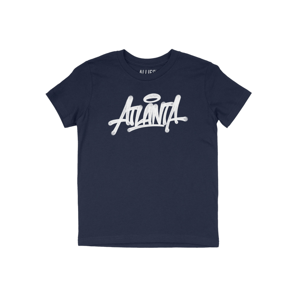 Atlanta Handstyle T-shirt features a navy-blue crewneck with “Atlanta” in white graffiti script and a halo over the “A�