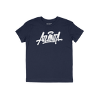 Atlanta Handstyle T-shirt features a navy-blue crewneck with “Atlanta” in white graffiti script and a halo over the “A�