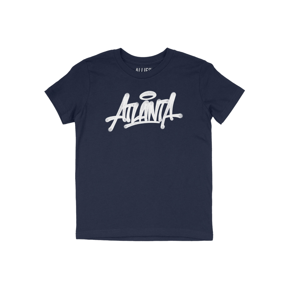 Atlanta Handstyle T-shirt features a navy-blue crewneck with “Atlanta” in white graffiti script and a halo over the “A�