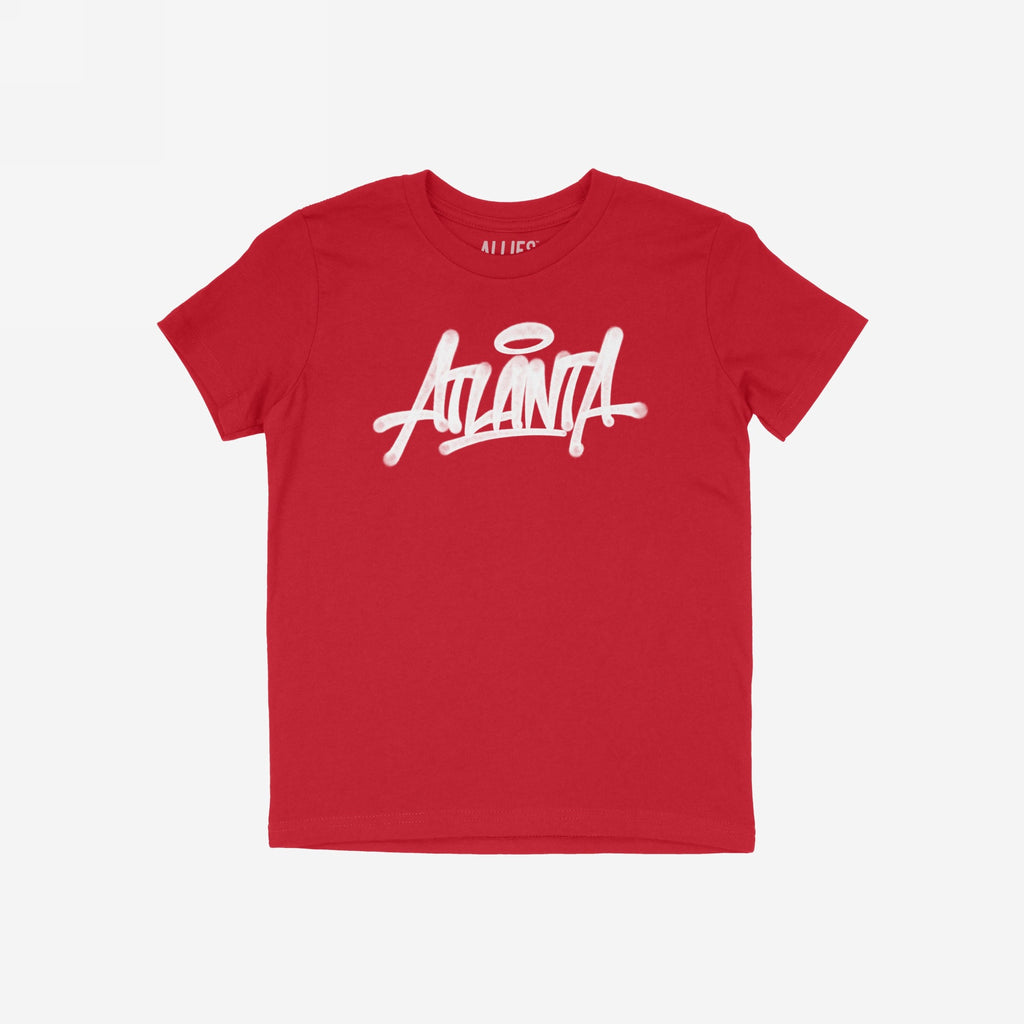 Atlanta Handstyle T-shirt featuring a graffiti-style Atlanta script with a halo graphic, embodying the city's street art culture. Perfect for showcasing Atlanta pride and creative, unapologetic energy.