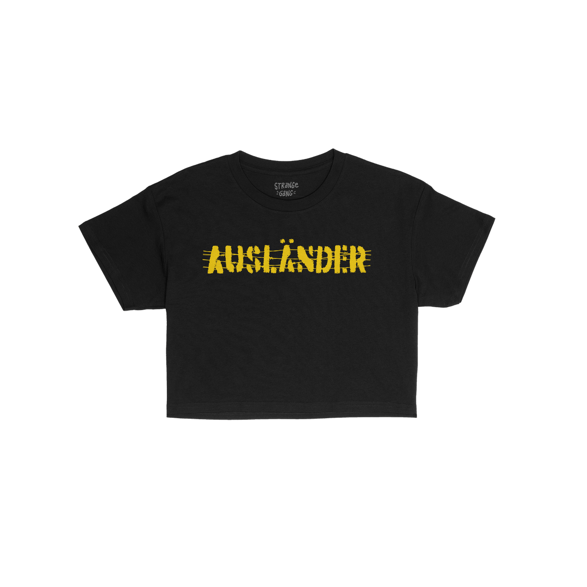Ausländer Women's Baby Tee features AUSLÄNDER in bold, yellow hand-drawn–style font across the chest, embodying a stateme