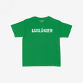 Ausländer Women's Baby Tee features a bold white AUSLÄNDER graphic on a green, tight, cropped shirt. This statement piece embraces Y2K vibes and empowers immigrant voices with its impactful message.