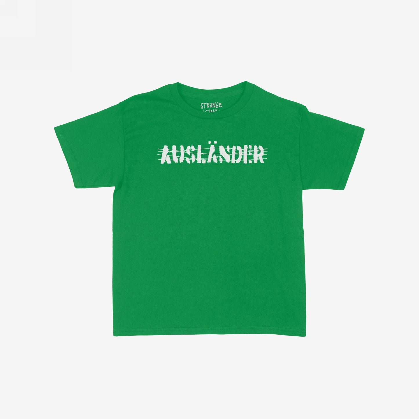 Ausländer Women's Baby Tee features a bold white AUSLÄNDER graphic on a green, tight, cropped shirt. This statement piece embraces Y2K vibes and empowers immigrant voices with its impactful message.