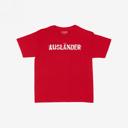 Ausländer Women's Baby Tee featuring a distressed print of AUSLÄNDER with a crossed-out effect. This cropped, edgy tee embodies protest fashion and pride, designed for bold, unapologetic expression.