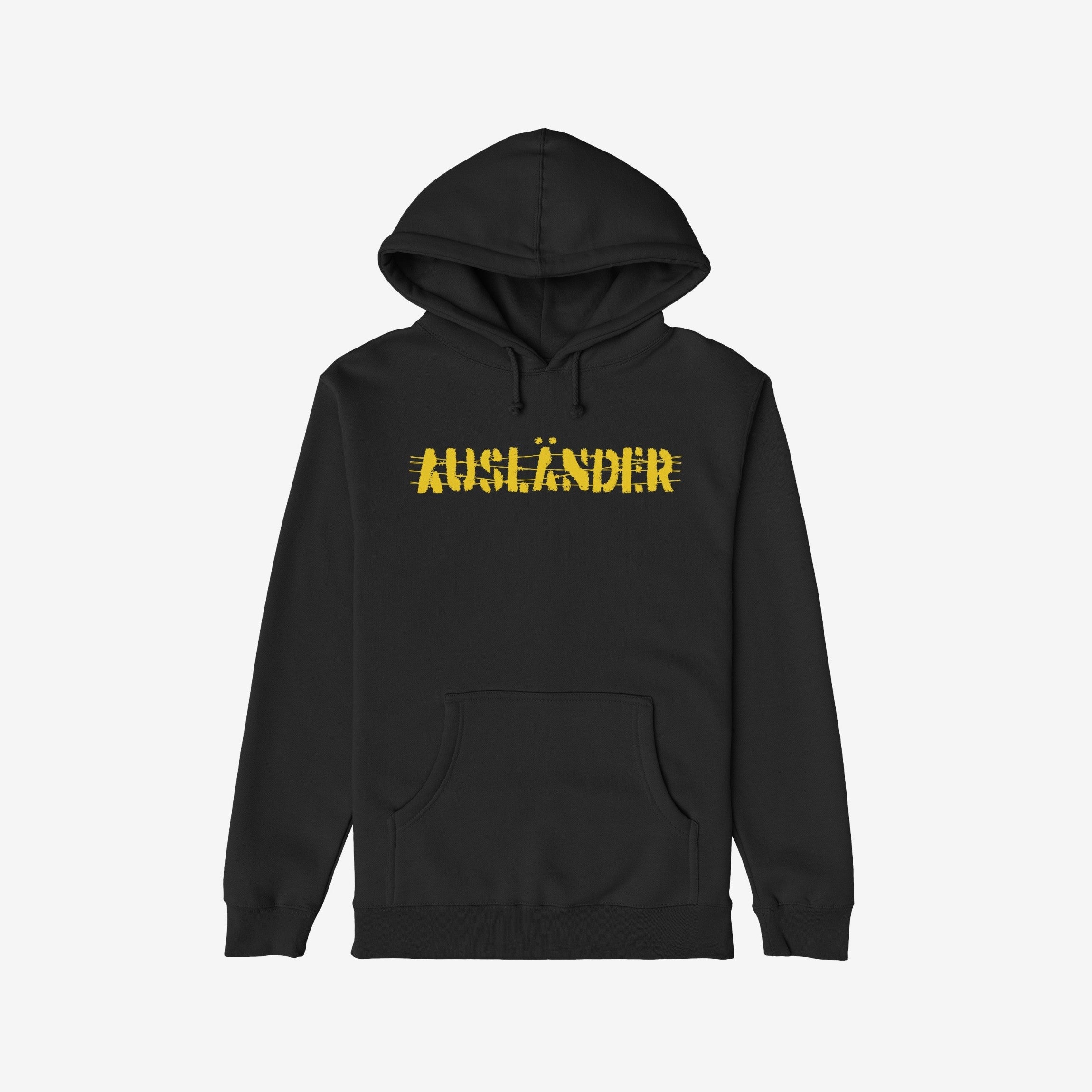 Ausländer Hoodie featuring “AUSLÄNDER” in yellow with a strikethrough, embodies power and resilience. The black pullover design includes a kangaroo pocket, emphasizing individuality and strength against prejudice.
