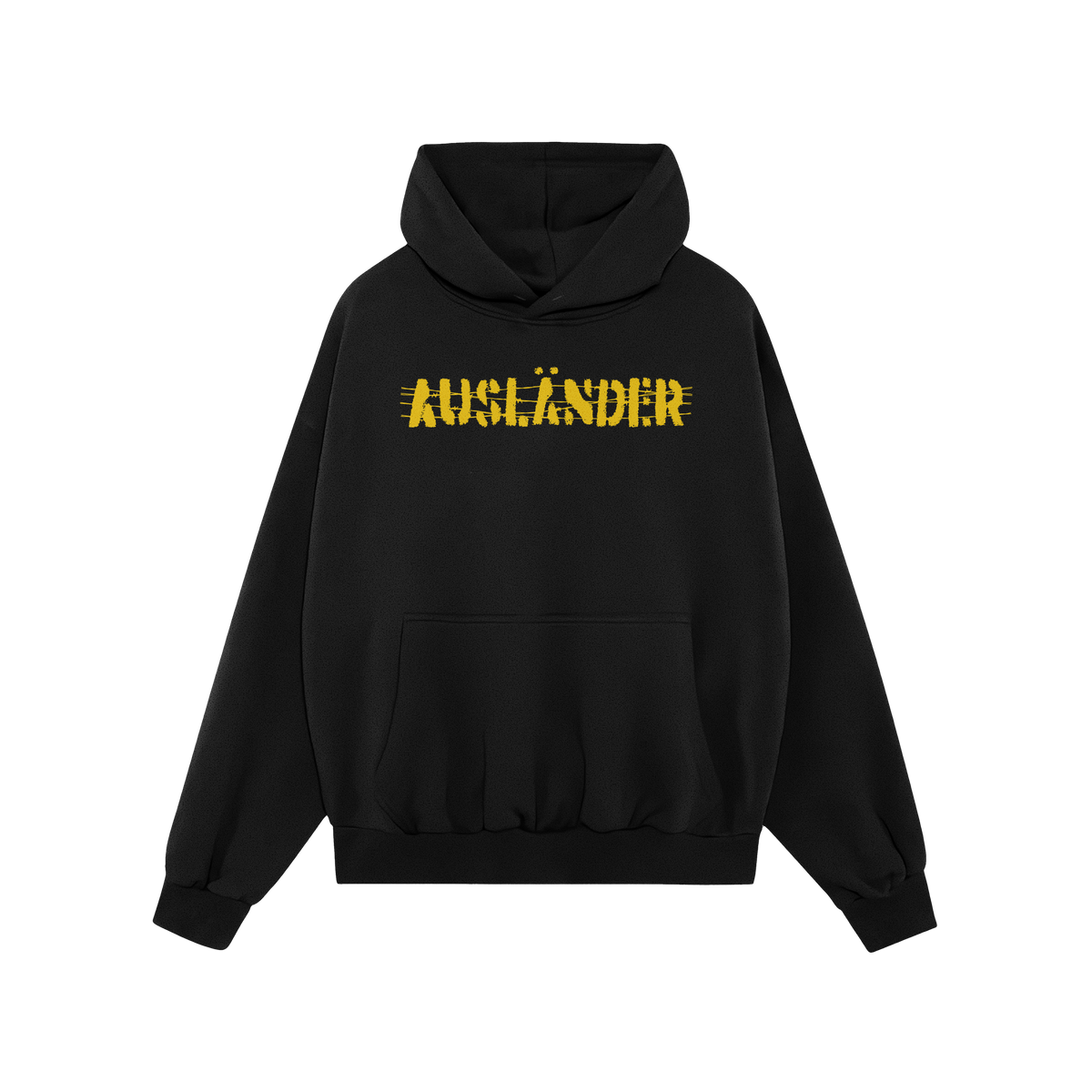 Ausländer Hoodie featuring “AUSLÄNDER” in yellow with a strikethrough, embodies power and resilience. The black pullove
