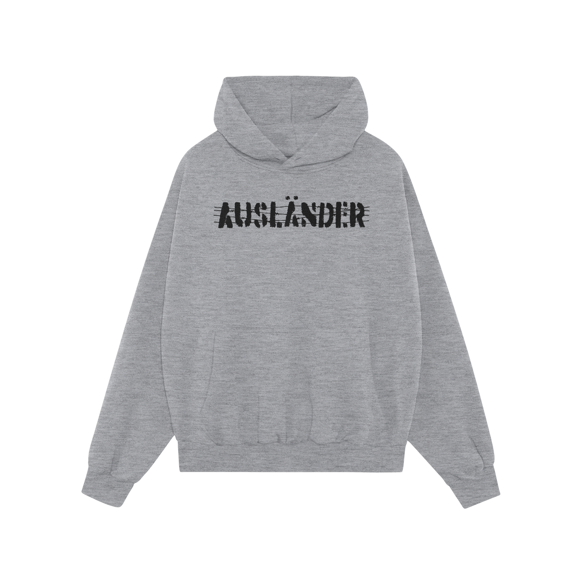 Light-heather gray Ausländer Hoodie with black glitch-style AUSLÄNDER. graphic, front kangaroo pocket, and drawstring hood.