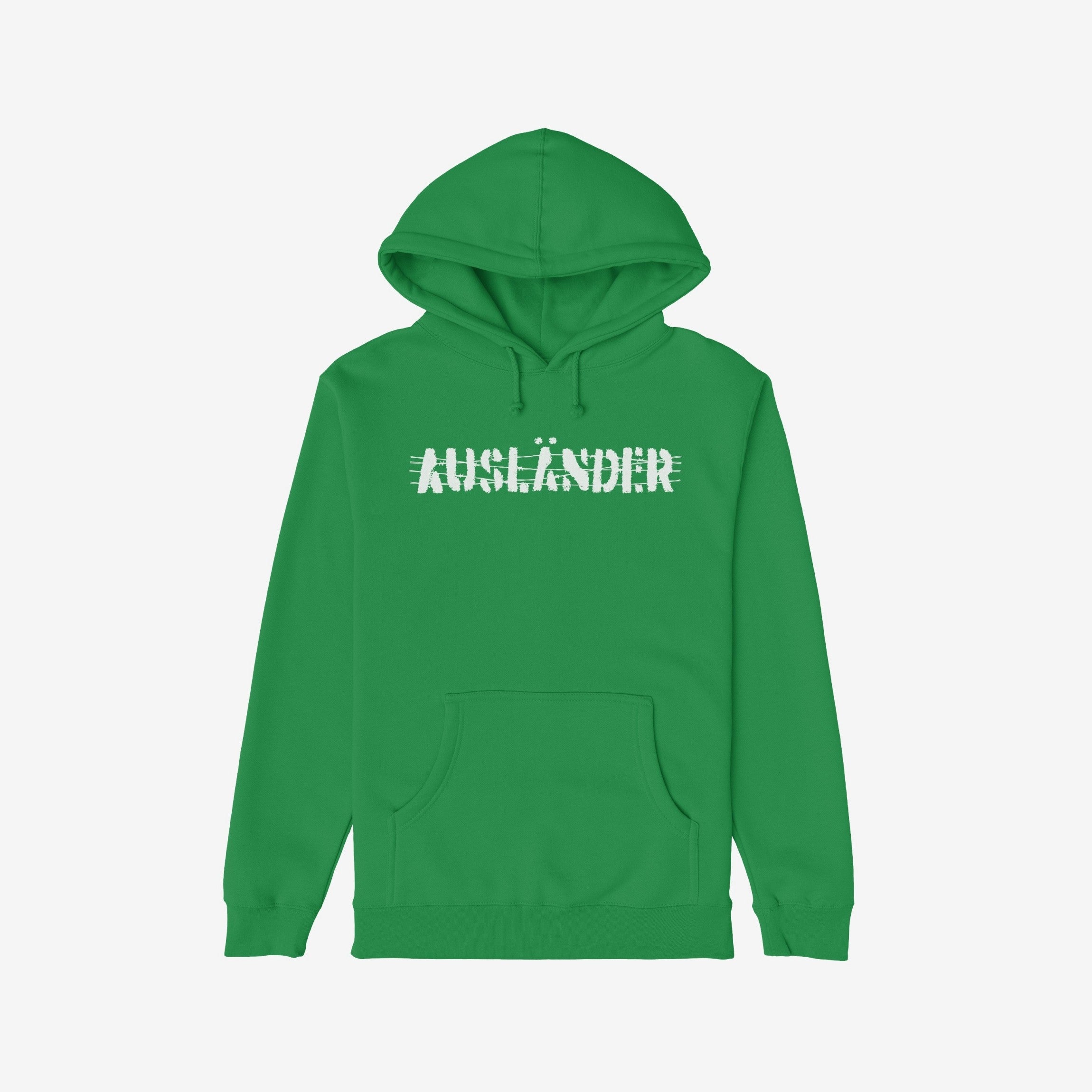 Ausländer Hoodie features bold white “AUSLÄNDER” print, front kangaroo pocket, and drawstring hood. This piece embodies empowerment and identity, perfect for those embracing individuality and challenging norms.