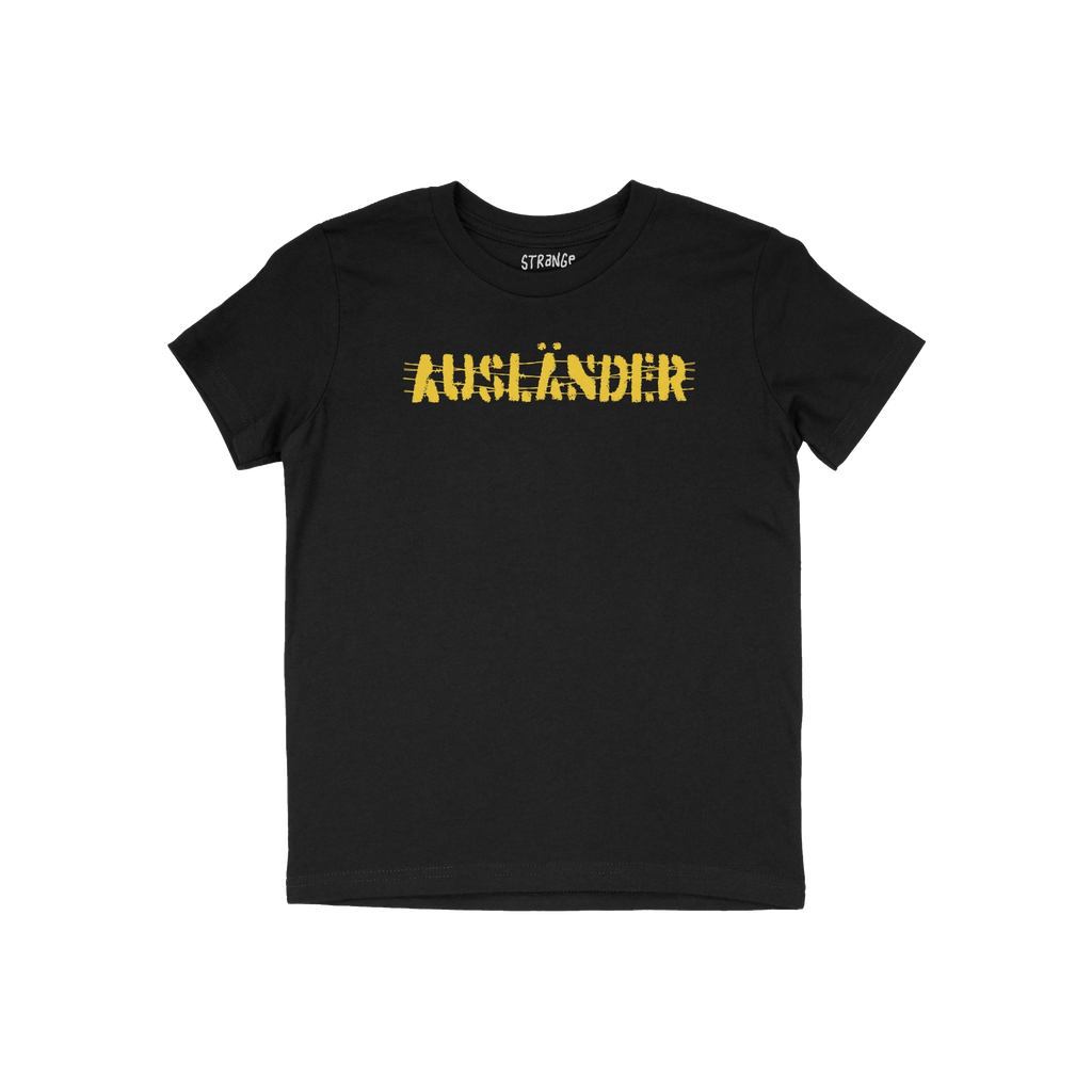 Ausländer T-shirt featuring a distressed yellow stencil-style print boldly declares AUSLÄNDER across the chest, symbolizing