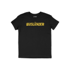Ausländer T-shirt featuring a distressed yellow stencil-style print boldly declares AUSLÄNDER across the chest, symbolizing