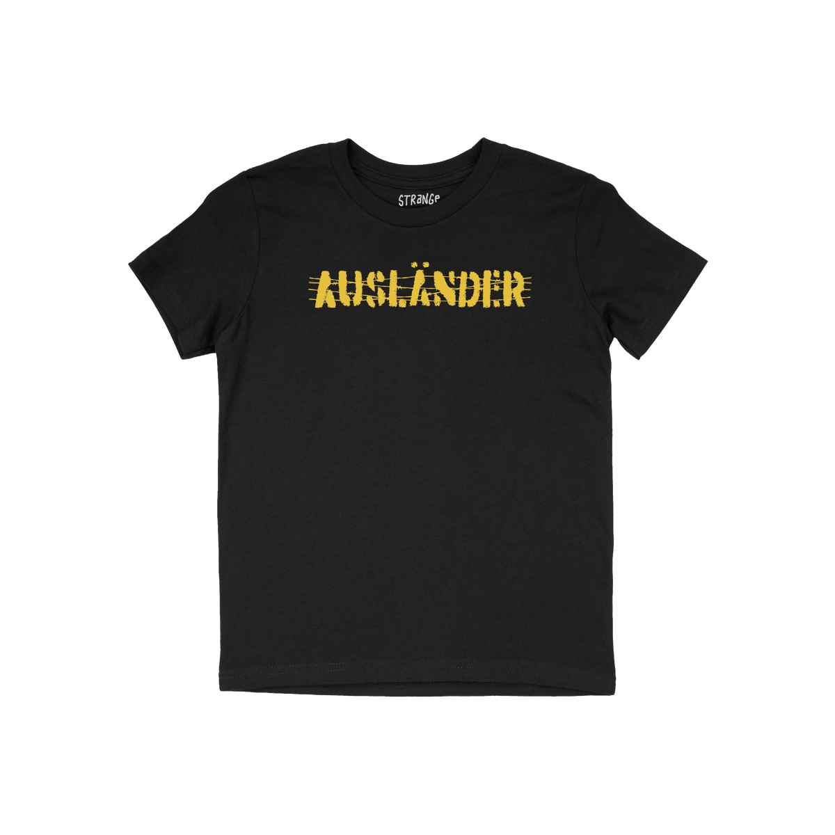 Ausländer T-shirt featuring a distressed yellow stencil-style print boldly declares AUSLÄNDER across the chest, symbolizing