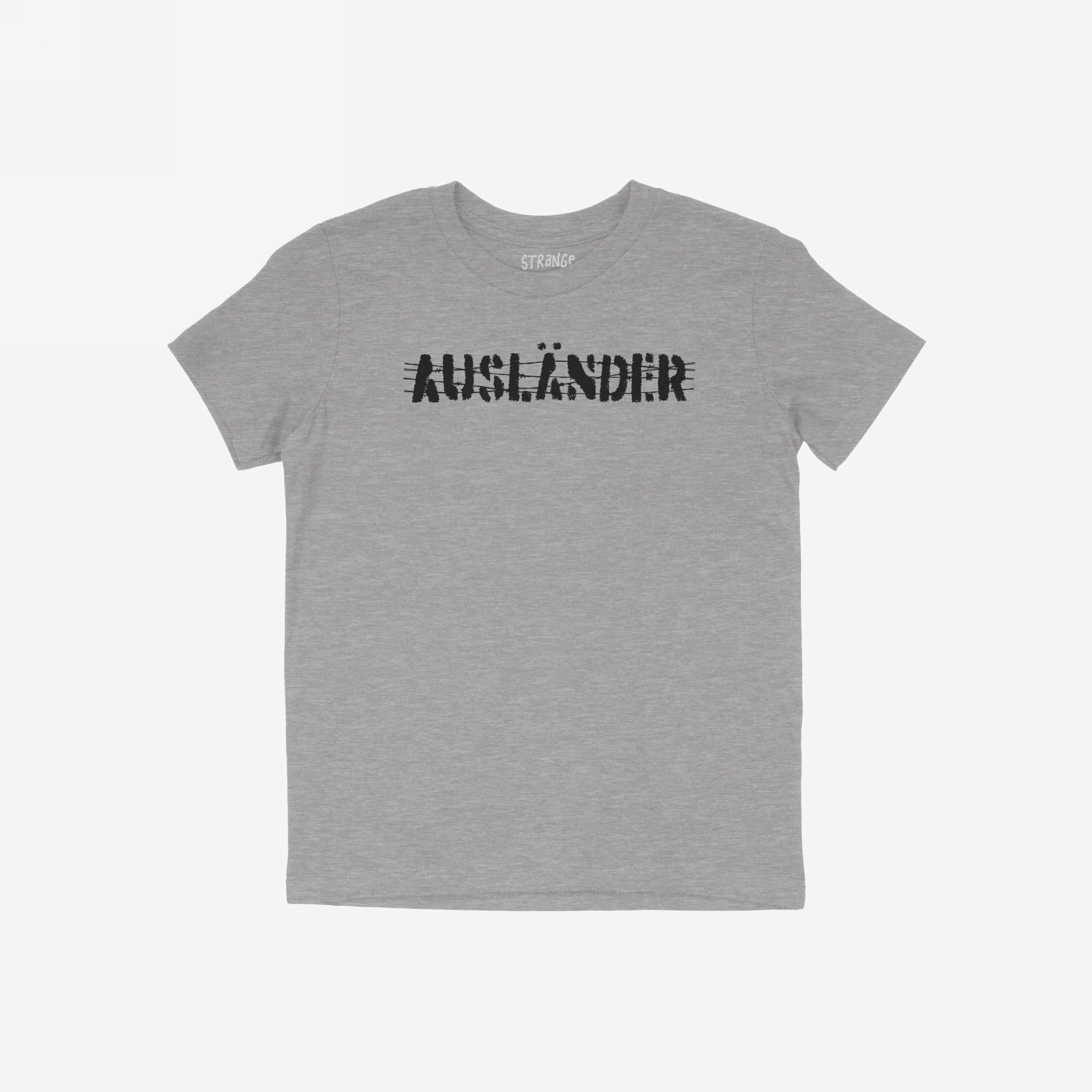Ausländer T-shirt in heather-gray with “AUSLÄNDER” printed on the chest in distressed lettering, symbolizing defiance and unity. A bold piece for those challenging exclusion and advocating for equality.