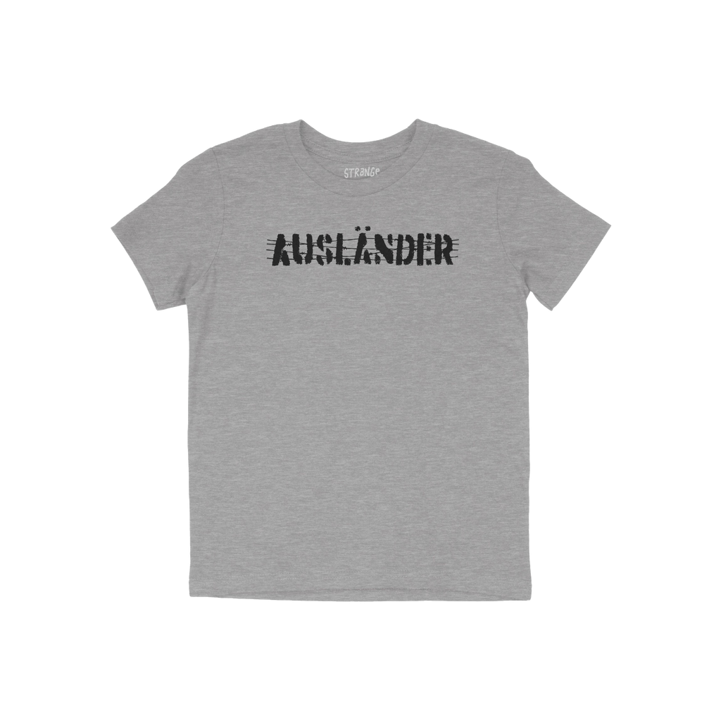 Ausländer T-shirt in heather-gray with “AUSLÄNDER” printed on the chest in distressed lettering, symbolizing defiance a