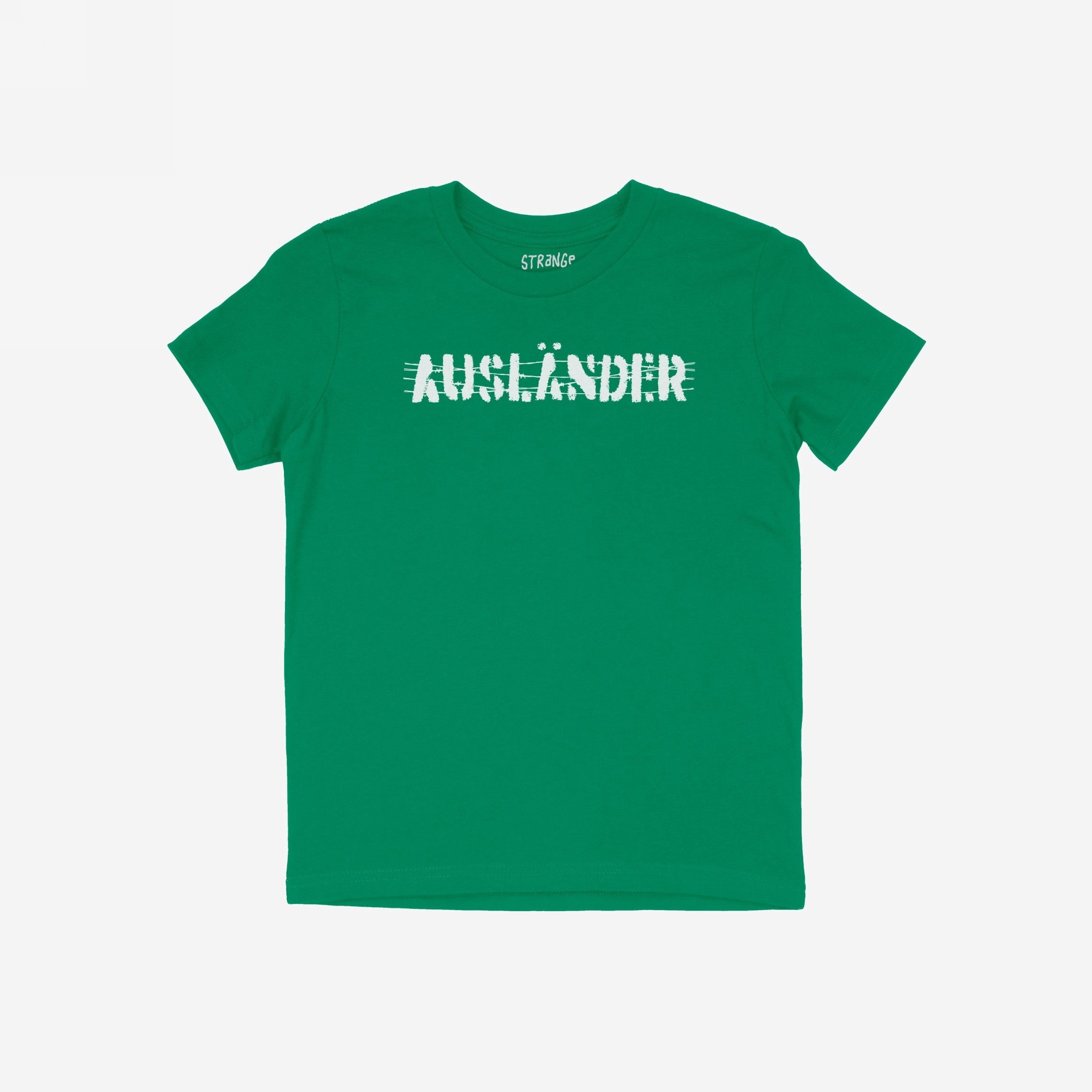 Ausländer T-shirt in bright green with a white distressed-style AUSLÄNDIER graphic on the chest, embodying a bold message of inclusivity and defiance, challenging exclusion and promoting unity.