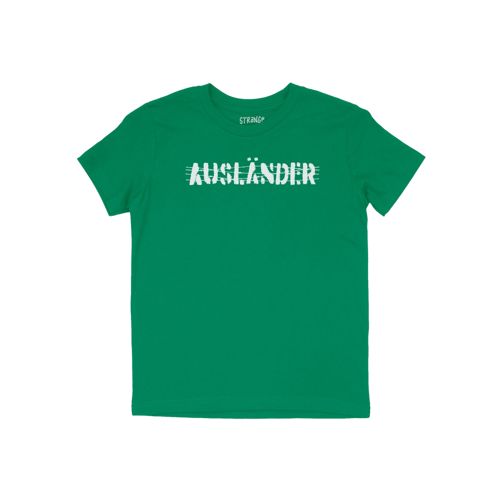 Ausländer T-shirt in bright green with a white distressed-style AUSLÄNDIER graphic on the chest, embodying a bold message o