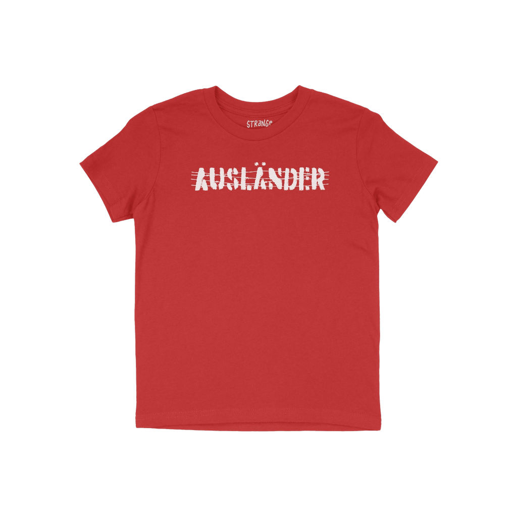 Ausländer T-shirt features a red, short-sleeved design with a distressed white graphic of the word “AUSLÄNDER” crossed