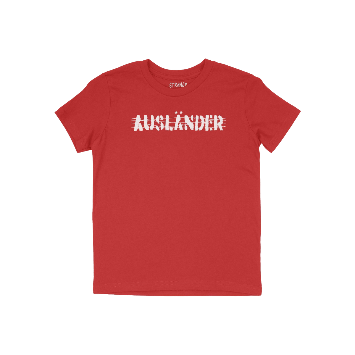 Ausländer T-shirt features a red, short-sleeved design with a distressed white graphic of the word “AUSLÄNDER” crossed