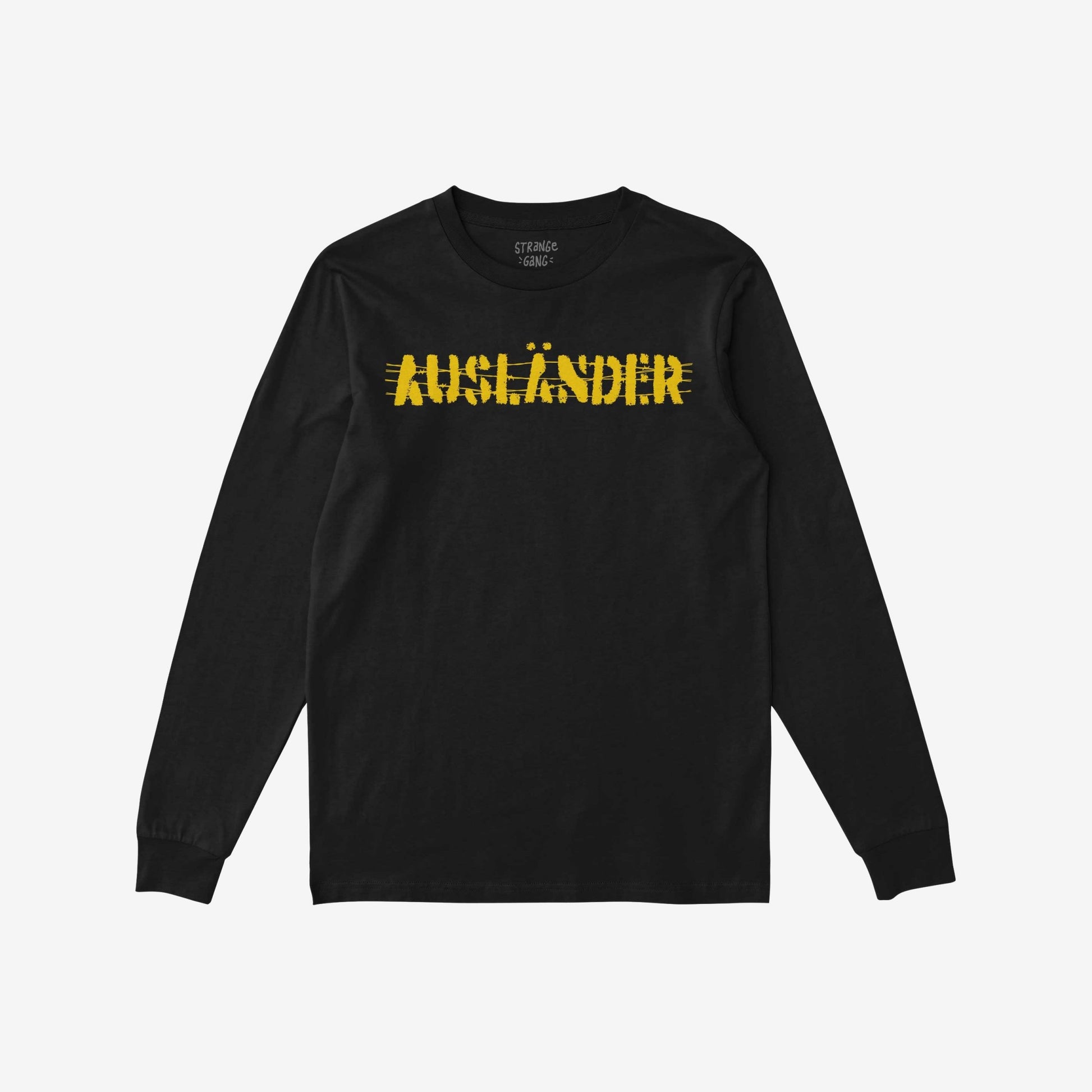 Ausländer T-shirt, black long-sleeve crewneck, features a distressed yellow AUSLÄNDER graphic, symbolizing defiance against borders. The shirt embodies resistance and solidarity, challenging societal norms.