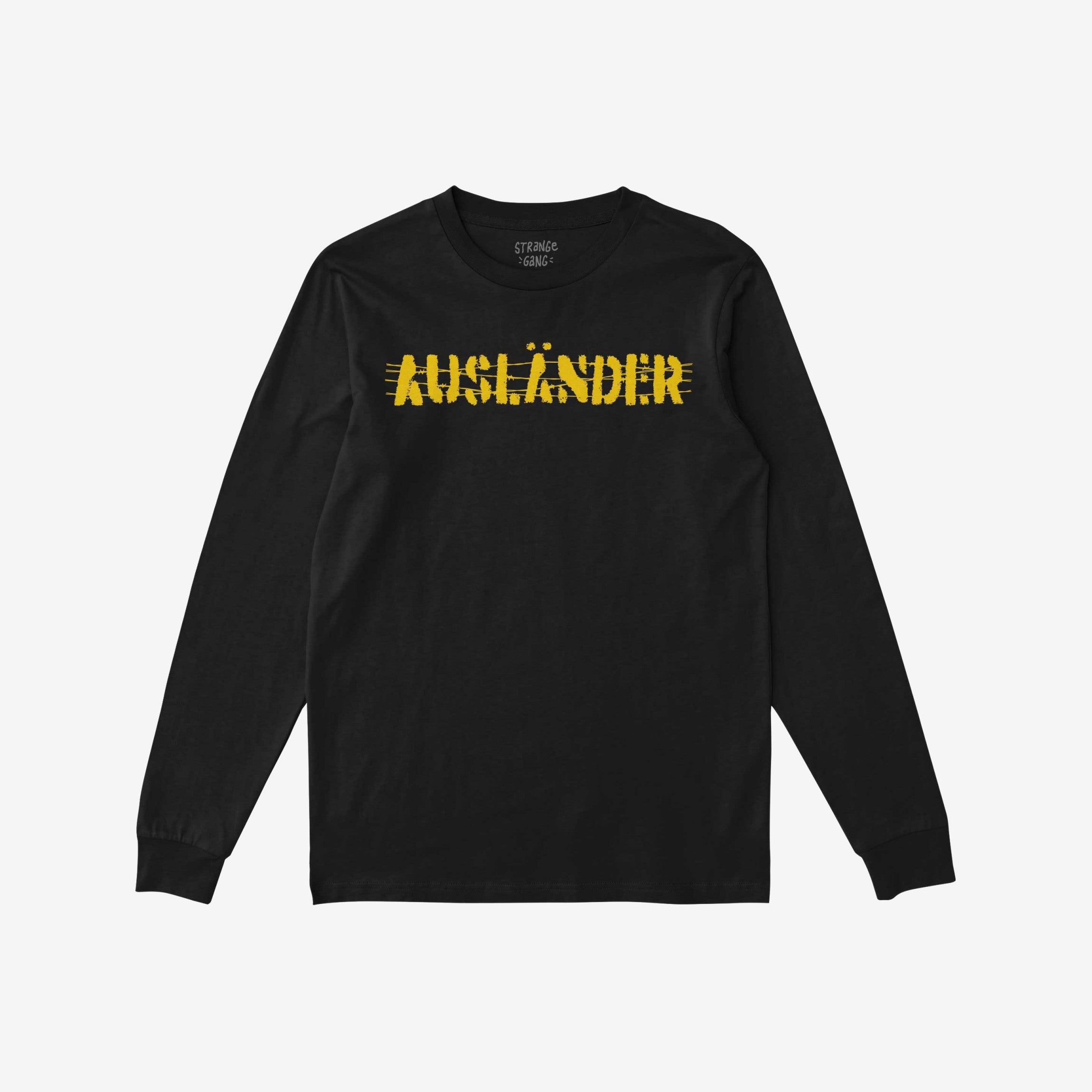 Ausländer T-shirt, black long-sleeve crewneck, features a distressed yellow AUSLÄNDER graphic, symbolizing defiance against borders. The shirt embodies resistance and solidarity, challenging societal norms.