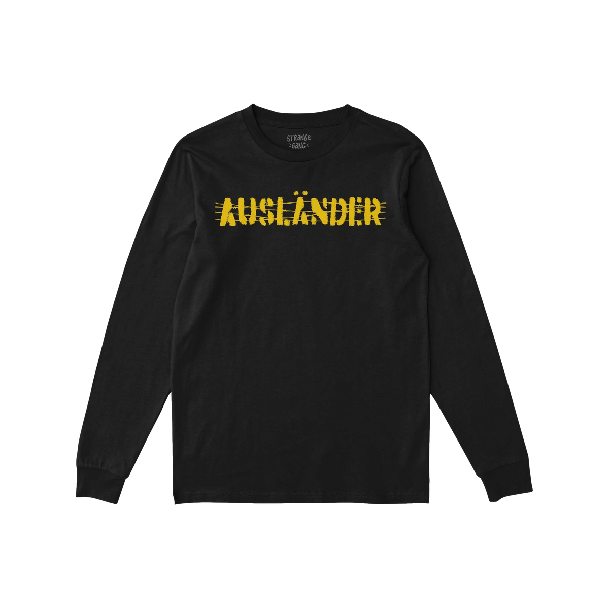Ausländer T-shirt, black long-sleeve crewneck, features a distressed yellow AUSLÄNDER graphic, symbolizing defiance against