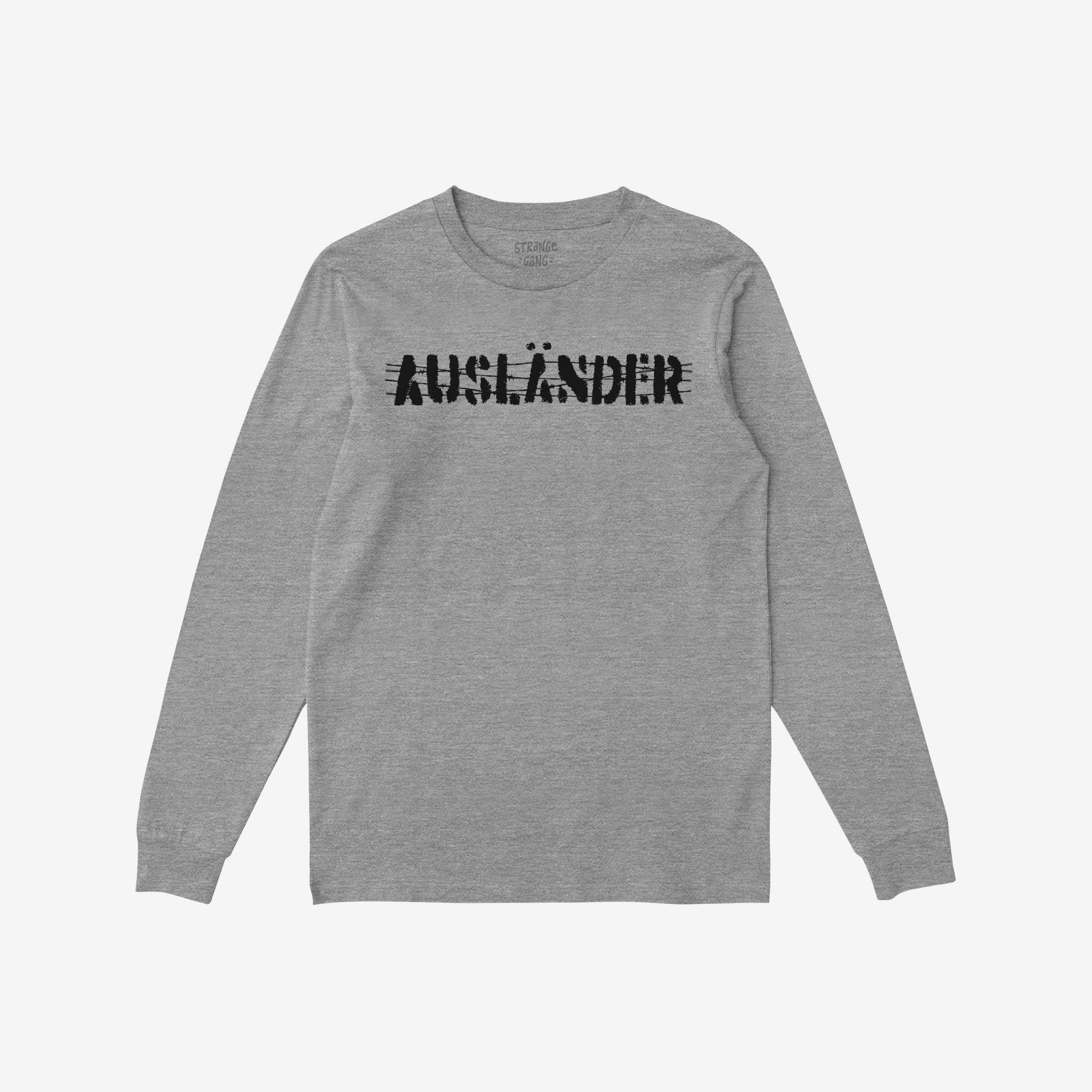 Heather-gray Ausländer T-shirt with distressed black lettering and strike-through lines, symbolizing resistance and empowerment against borders, laid flat to showcase its bold statement design.