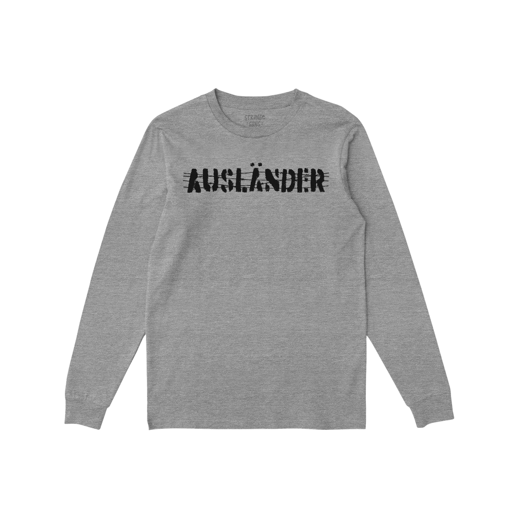 Heather-gray Ausländer T-shirt with distressed black lettering and strike-through lines, symbolizing resistance and empowerm