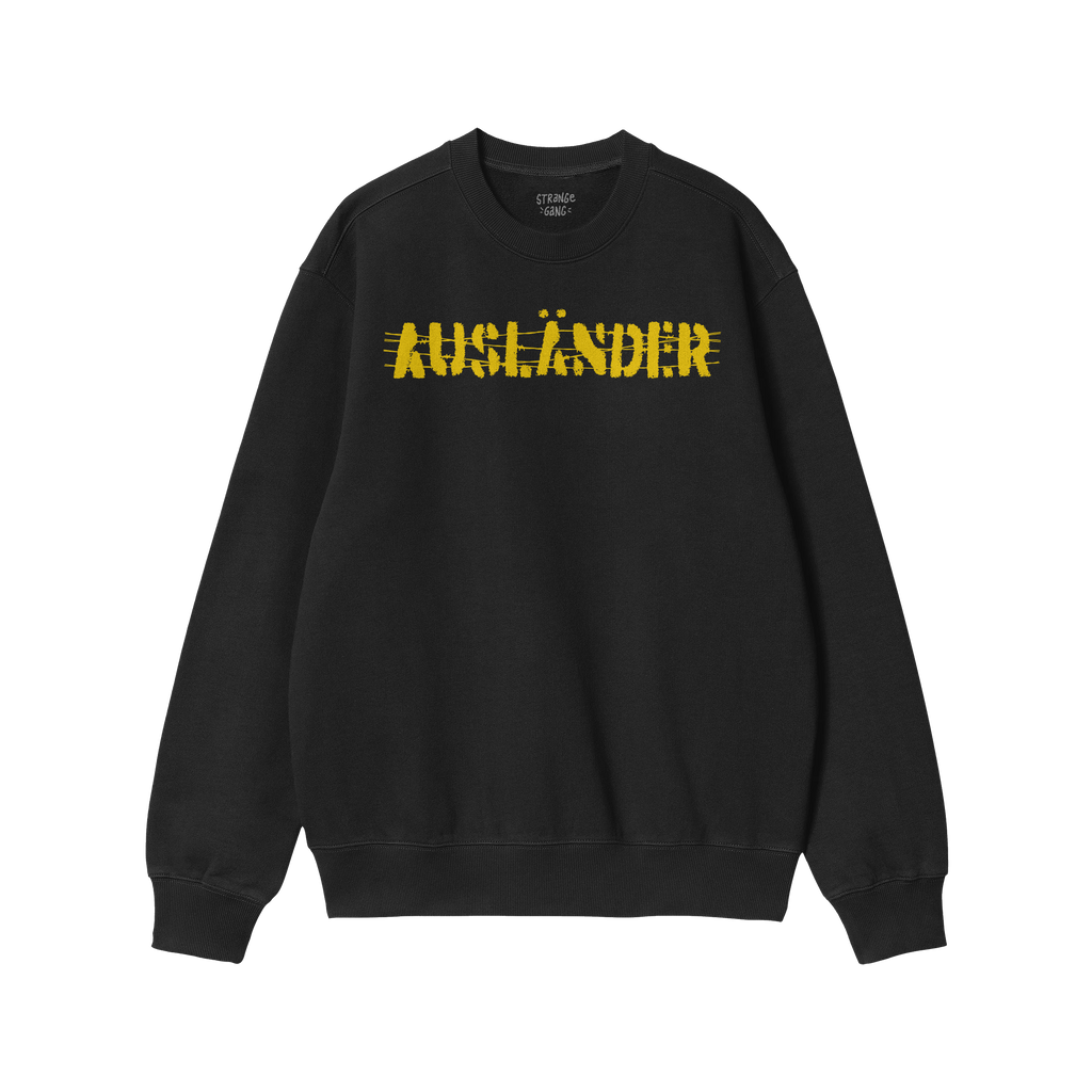 Ausländer Hoodie & Sweatshirt featuring AUSLÄNDER in bold yellow stencil across the chest, symbolizing empowerment. Crew-ne