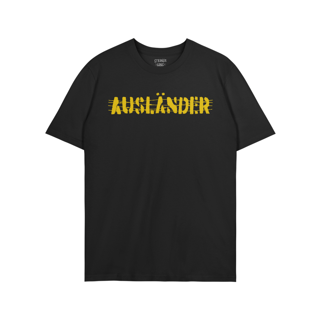Ausländer T-shirt features a distressed yellow graphic that boldly reclaims the term across the chest, with a small interior