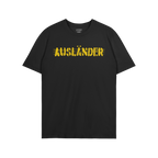 Ausländer T-shirt features a distressed yellow graphic that boldly reclaims the term across the chest, with a small interior