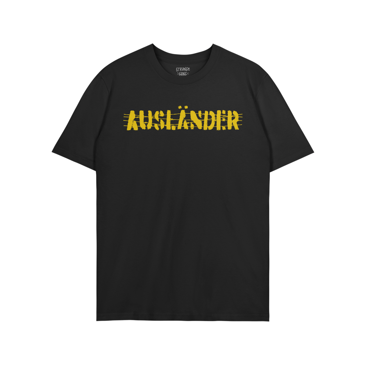 Ausländer T-shirt features a distressed yellow graphic that boldly reclaims the term across the chest, with a small interior