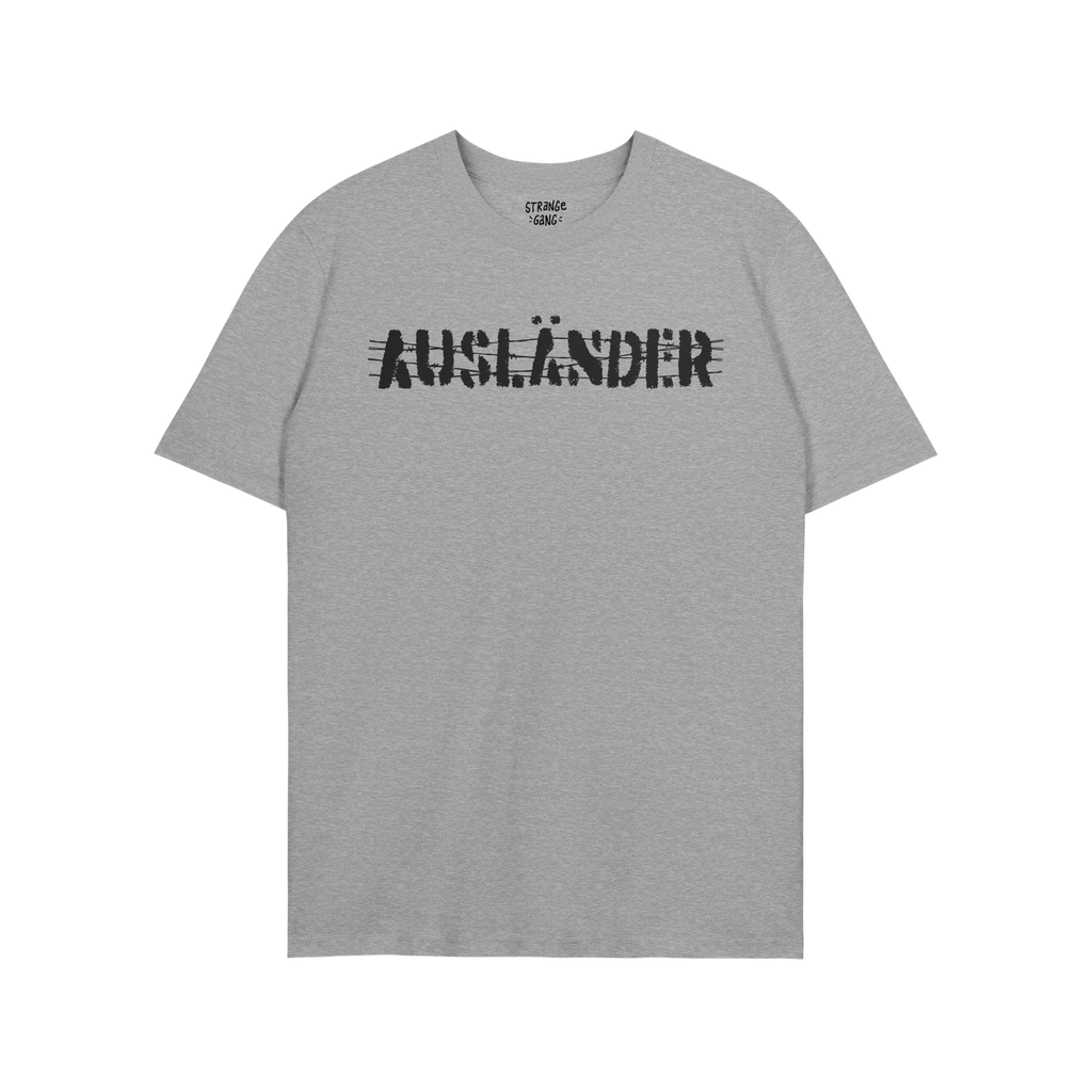 Heather-gray crew-neck Ausländer T-shirt with distressed black-ink print, symbolizing resistance and empowerment. The design