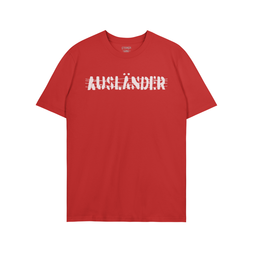 Ausländer T-shirt features a plain red, short-sleeve design with AUSLÄNDER. in distressed white print across the chest, sym