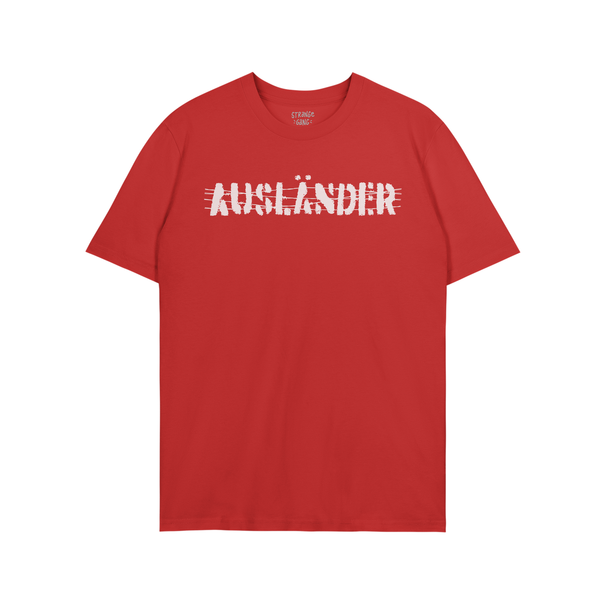 Ausländer T-shirt features a plain red, short-sleeve design with AUSLÄNDER. in distressed white print across the chest, sym