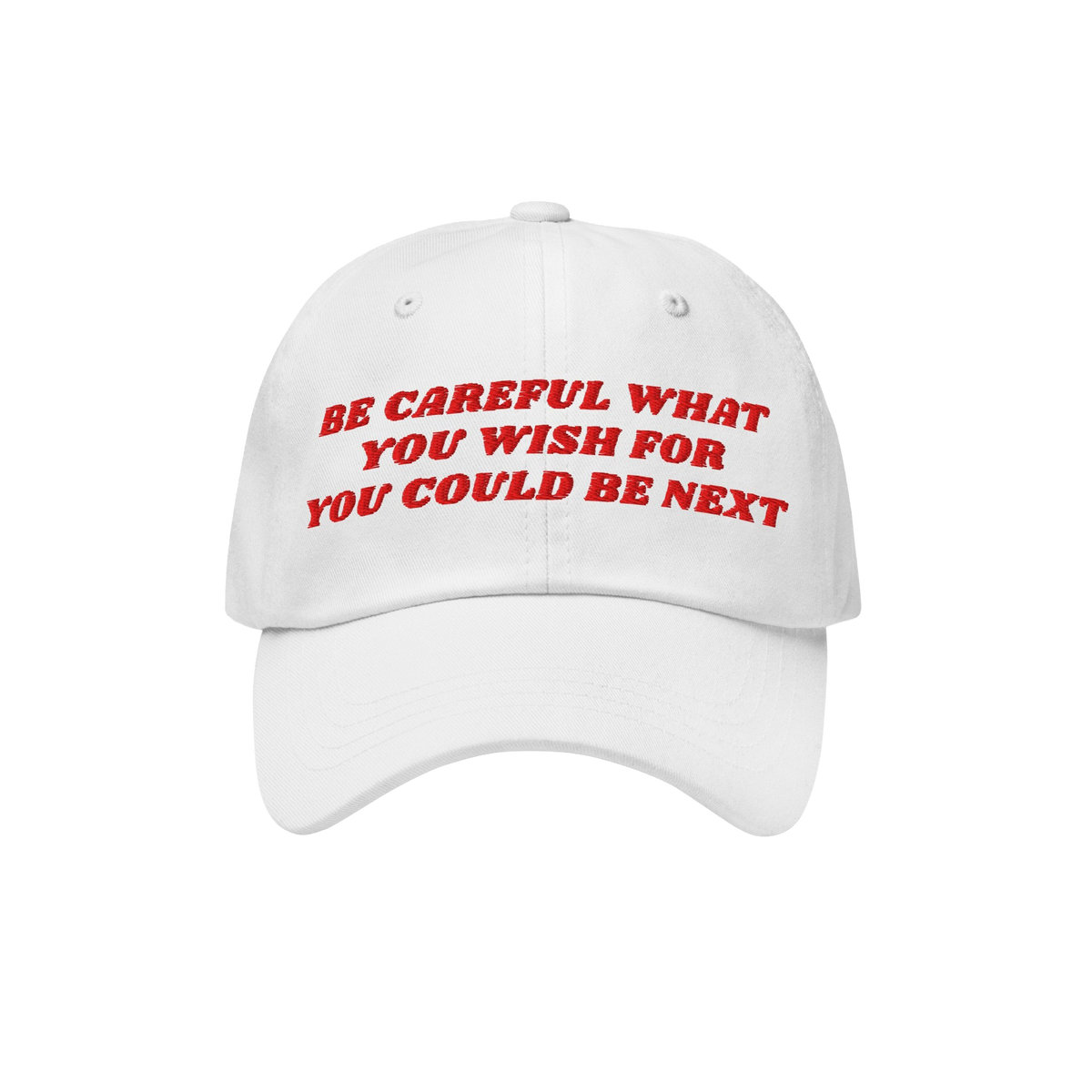 White baseball-style cap with red embroidered text Be Careful What You Wish For You Could Be Next, designed for anti-fascists