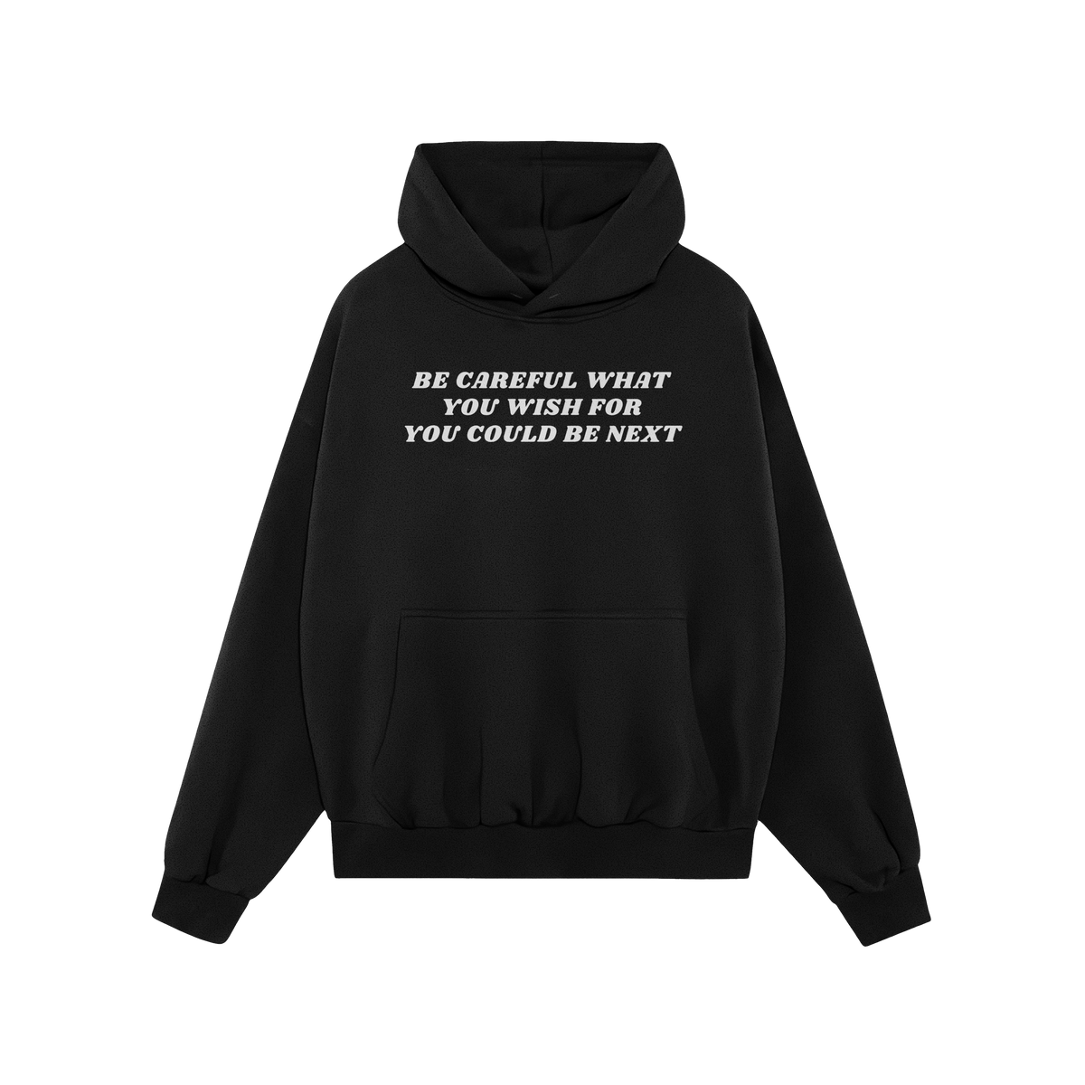 Black pullover Be Careful Shirt features bold white lettering warning against authoritarianism, perfect for making a statemen
